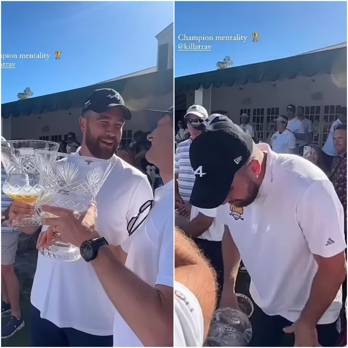 Video Travis Kelce drinks beer from a golf trophy at Patrick Mahomes’ charity event.