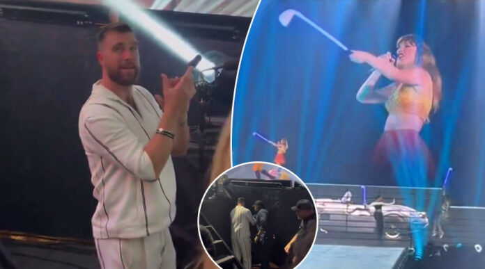 Watch as Taylor Swift couldn’t hold back any longer on stage and tells the whole world ‘THAT’S MY MAN’ and blew a kiss in his direction while pointing to Travis Kelce… And Travis ran backstage out of EMBARRASSMENT – ‘He’s SHY!’
