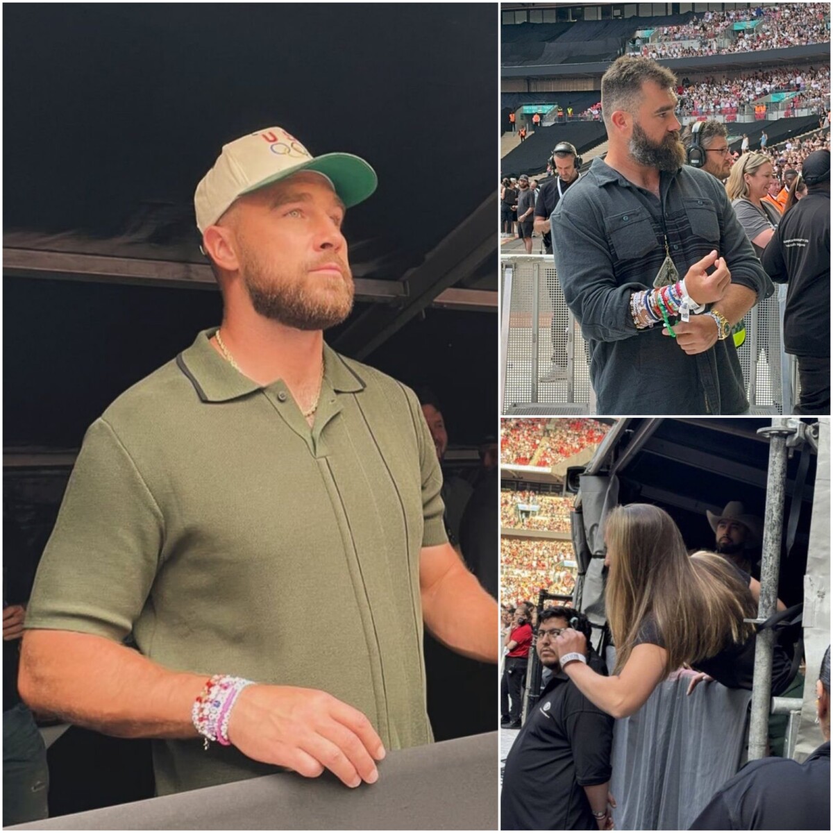 Fans go wild as Travis Kelce is joined by brother Jason, his sister-in-law Kylie and dad Ed to watch girlfriend Taylor Swift’s Eras Tour show at Wembley Stadium