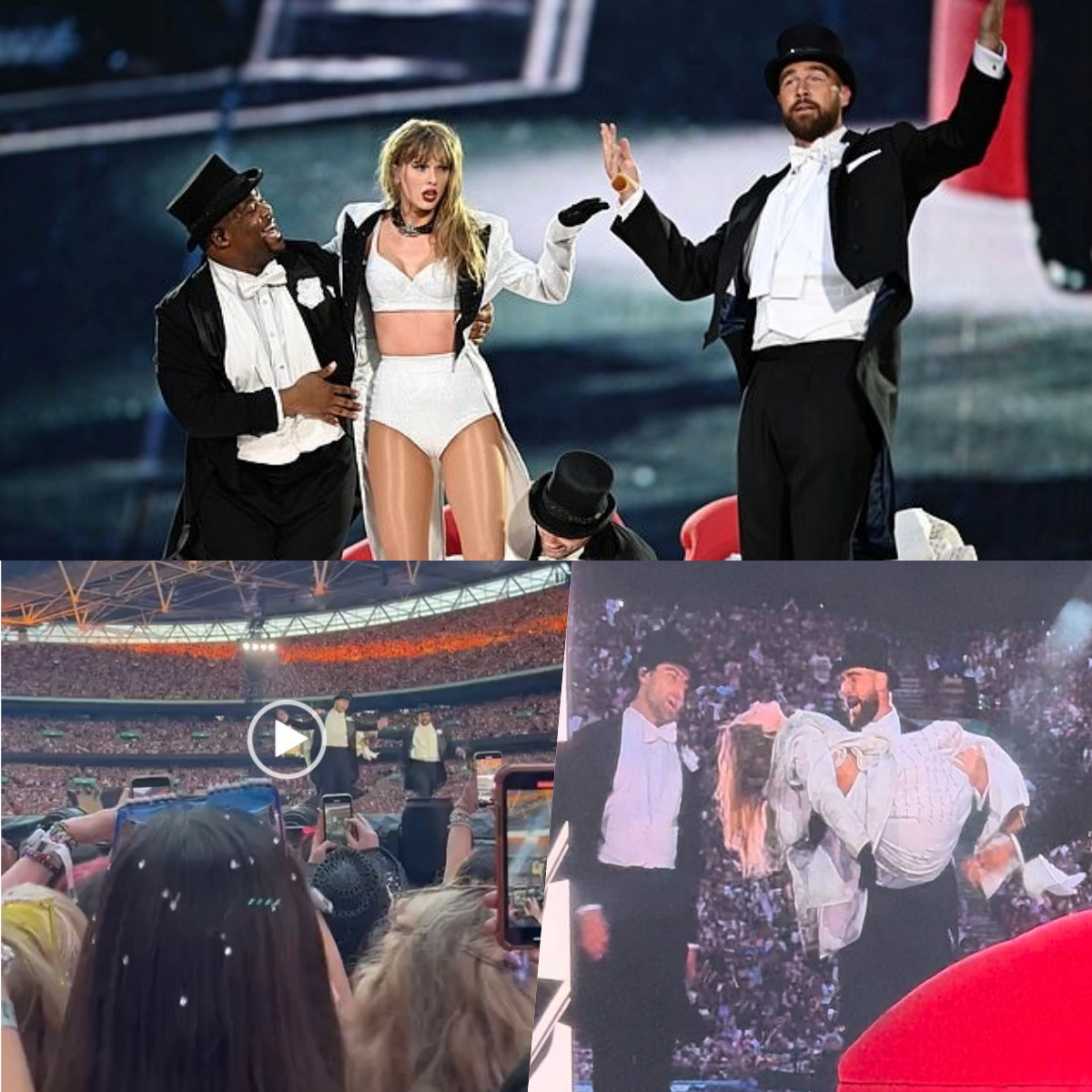 Video: He’s her No1 fan! Taylor Swift’s Superbowl-winning fella Travis Kelce PERFORMS on stage with her at Wembley – carrying her across the stage then fanning her to the delight of the crowd