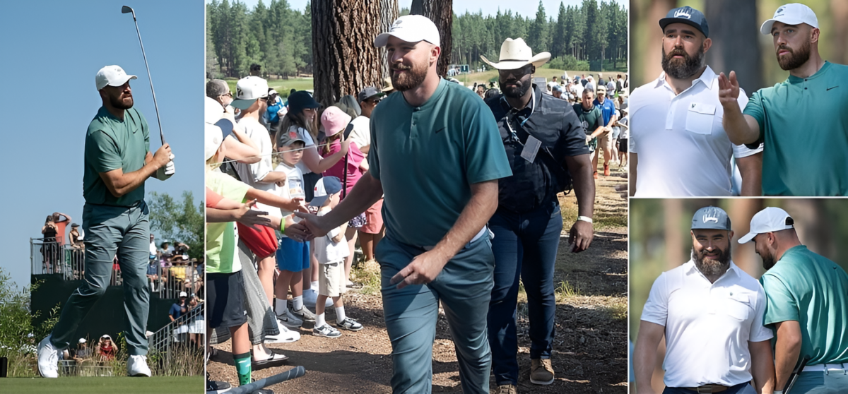 Travis and Jason Kelce mobbed by fans at celebrity golf tournament